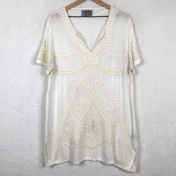 Ruff Hewn Tops - RUFF HEWN GREY Embroidered Beaded Boho Tunic Women's XL Ivory V-Neck Top India